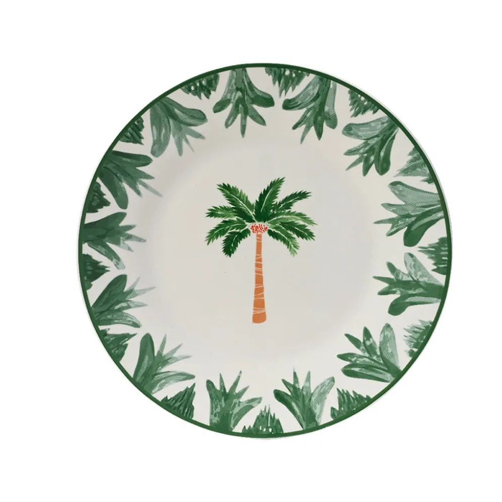 Assiette plate palmier en porcelaine blanc et vert d27cm