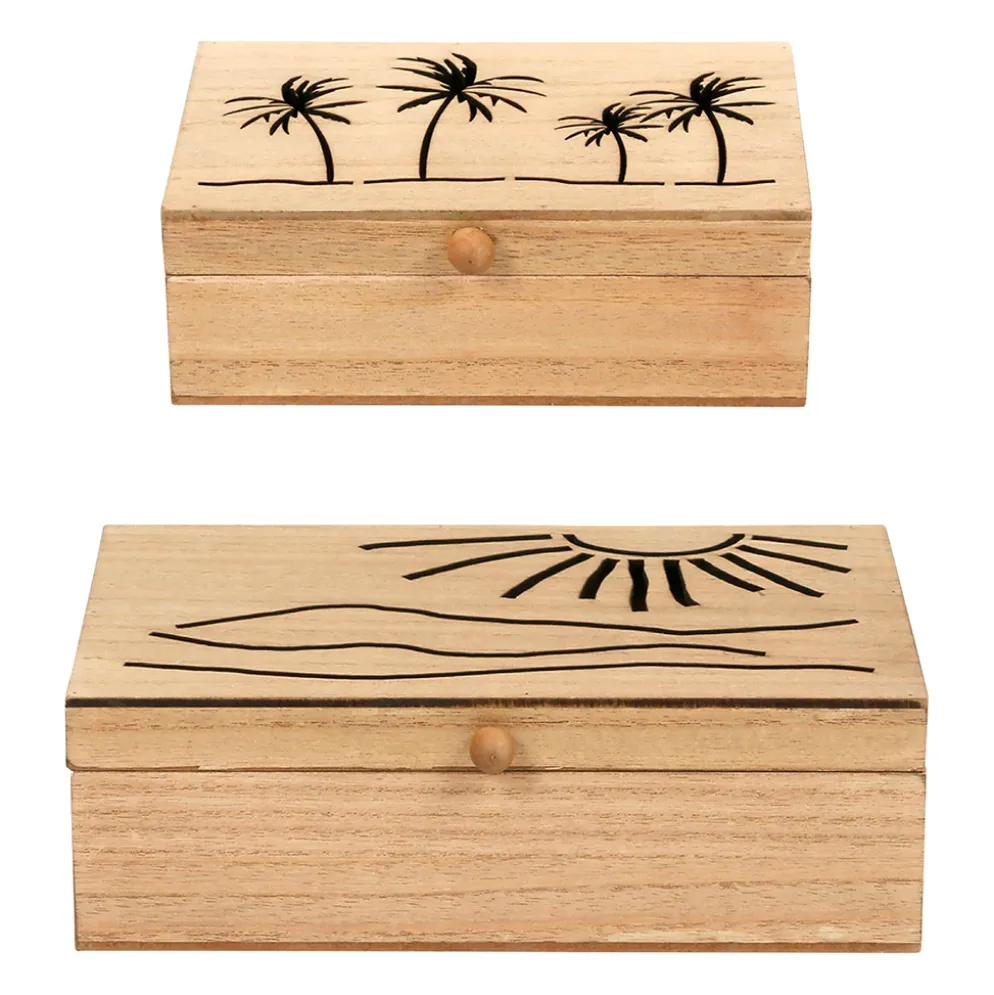 Boite gigogne avec couvercle x2 sweet leaves naturel 22x14.5xh7+16x10.5xh5.5cm mdf