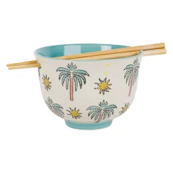 Bol en grès écru et turquoise avec baguettes d13cm - Palmisol