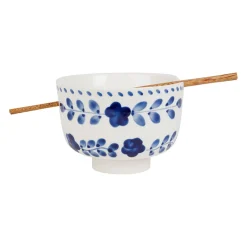 Bol en grès indigo et blanc avec baguettes d14cm - Bellagio