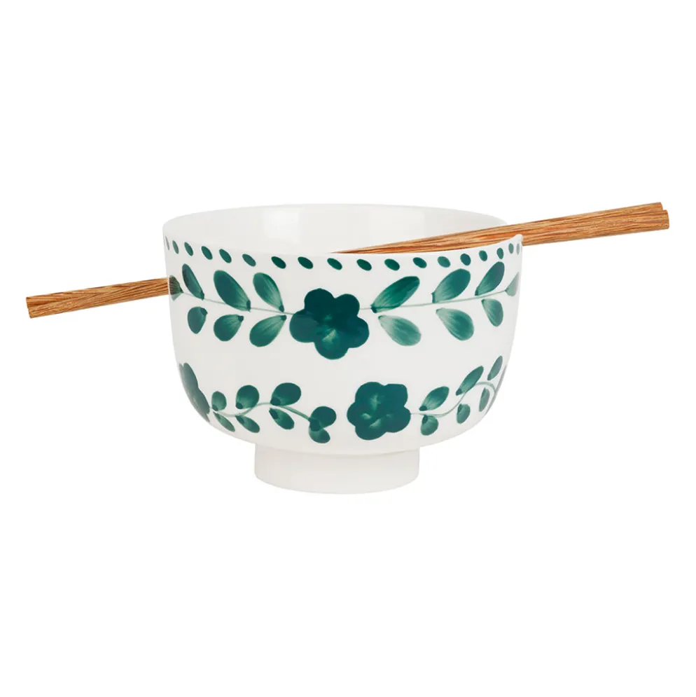 Bol en grès émeraude et blanc avec baguettes d14cm - Bellagio