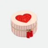 Boîte à bijoux ronde cœur en coton rayé rose et rouge