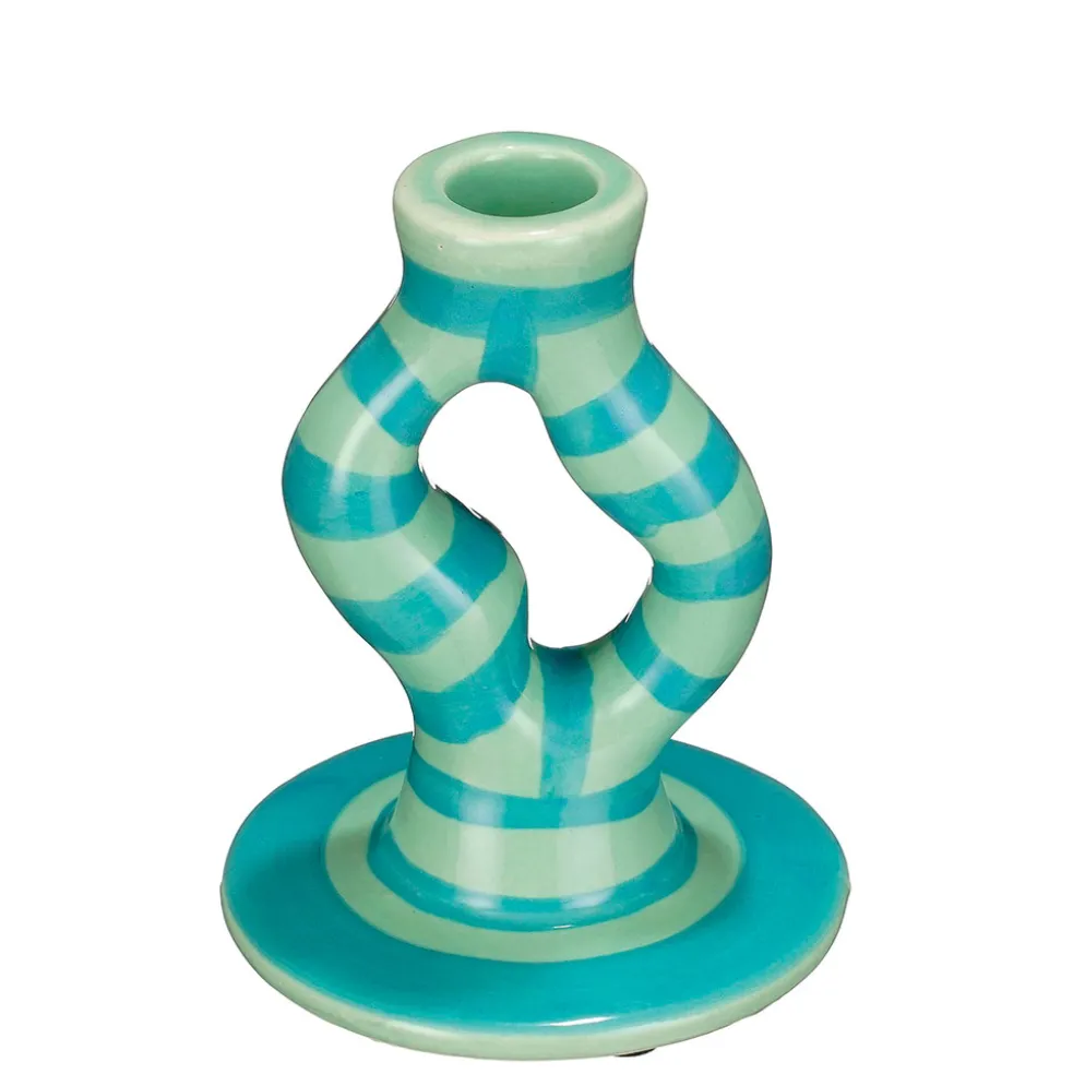 Bougeoir en céramique rayé bleu h12cm