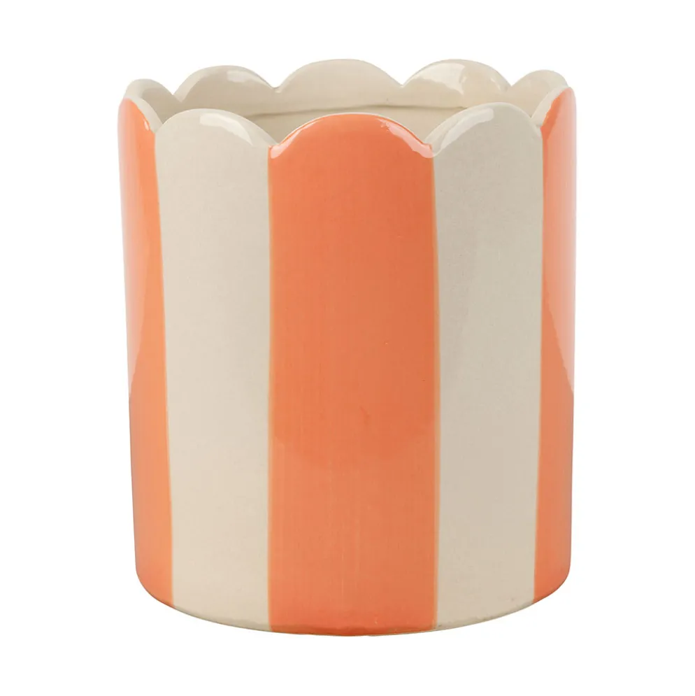 Cache-pot en grès rayé corail et blanc d16cm - Artist