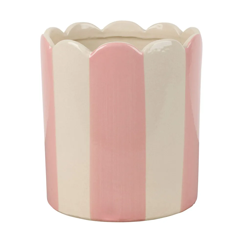 Cache-pot en grès rayé rose et blanc d16cm - Artist
