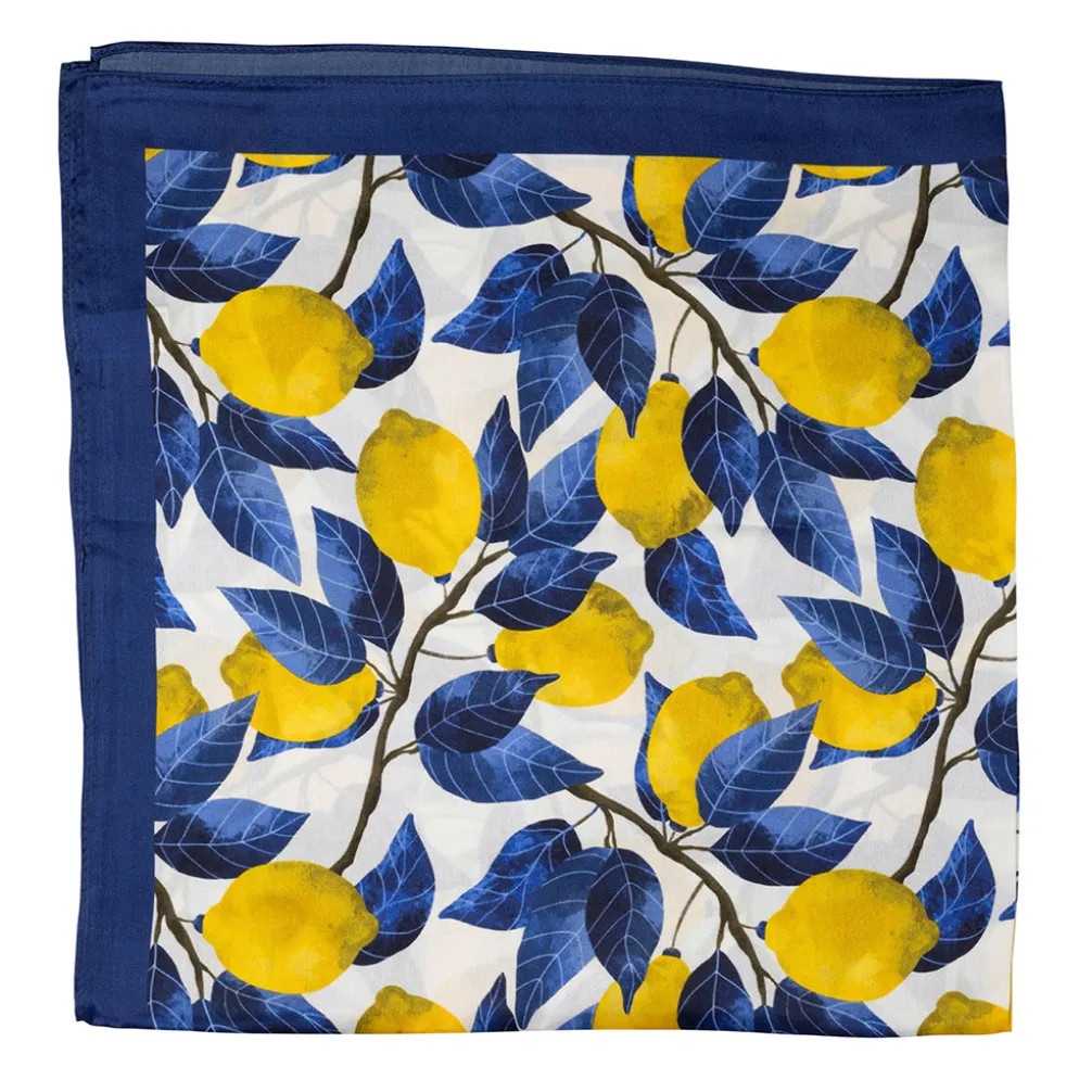 Carré de soie citron jaune et indigo 66cm - Medi
