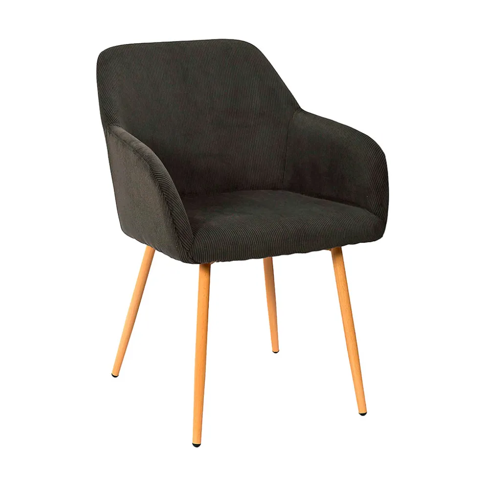 Chaise avec accoudoirs en velours côtelé gris foncé et pieds effet bois - Pauline