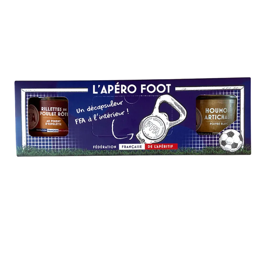 Coffret apéro-foot rillettes de poulet, houmous et un décapsuleur