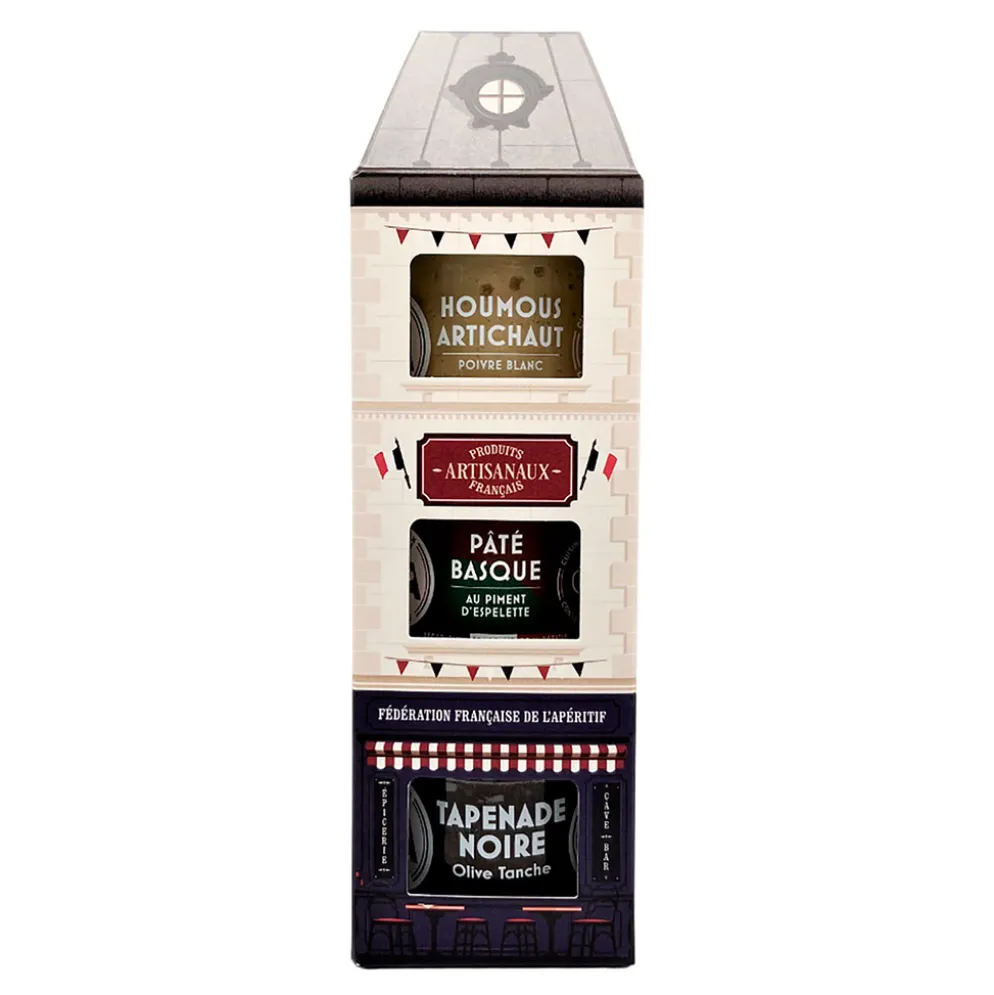 Coffret apéro-haussmann houmous, pâté basque et tapenade noir