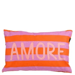 Coussin "Amore" en coton et lin rayé orange et violet 55x35cm