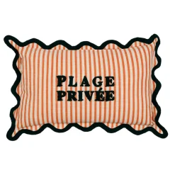 Coussin en coton brodé "place privé" rayé corail et émeraude 50x30cm - Plouf&Sun