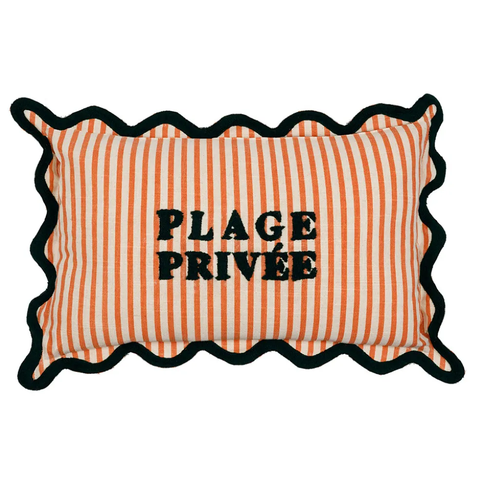 Coussin en coton brodé "place privé" rayé corail et émeraude 50x30cm - Plouf&Sun