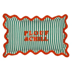 Coussin en coton brodé "plouf&chil" rayé vert et rouge 50x30cm - Plouf&Sun