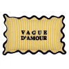 Coussin en coton brodé "vague d'amour" rayé jaune et bleu marine 50x30cm - Plouf&Sun