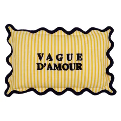 Coussin en coton brodé "vague d'amour" rayé jaune et bleu marine 50x30cm - Plouf&Sun