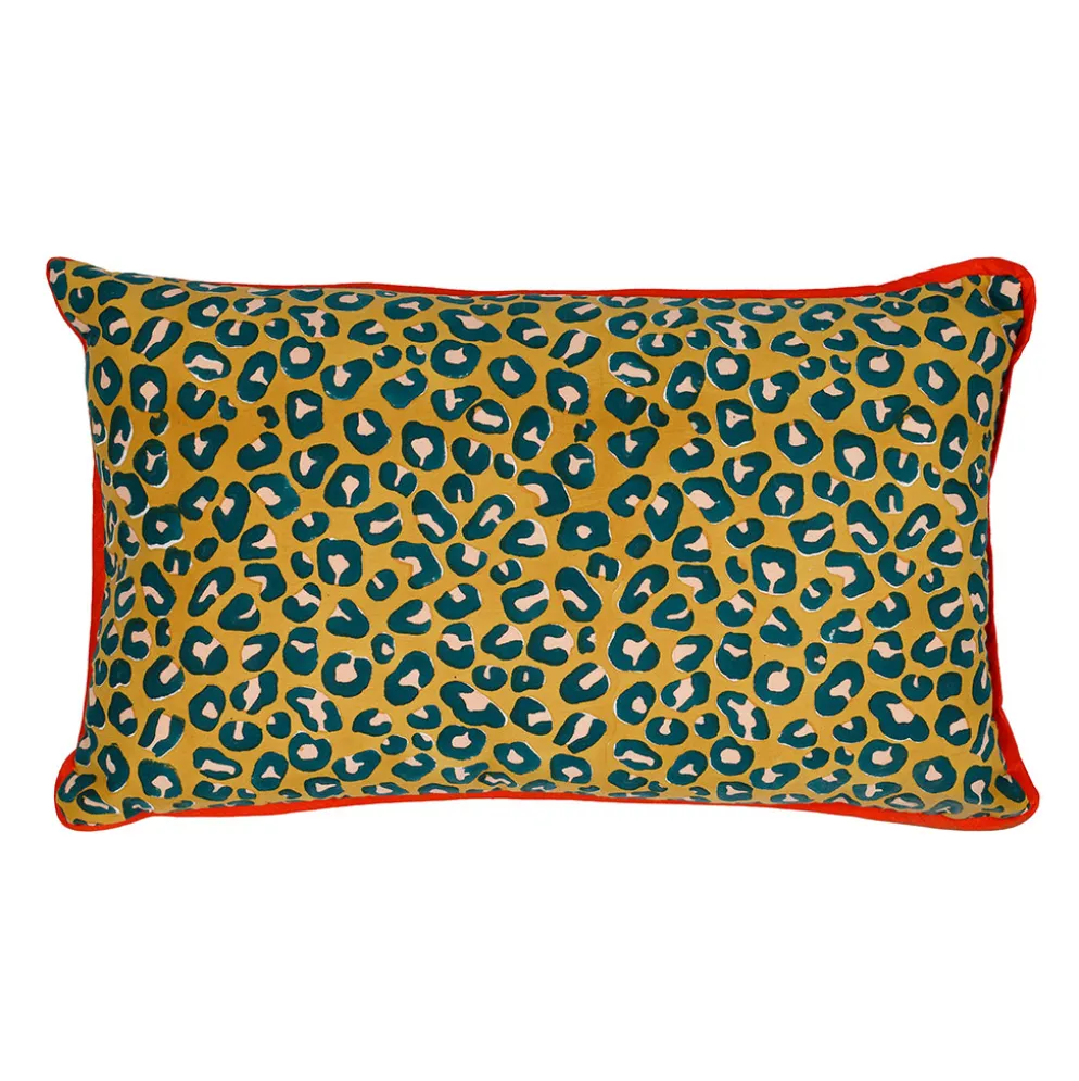Coussin en coton léopard émeraude et moutarde 50x30cm - Jungle pop