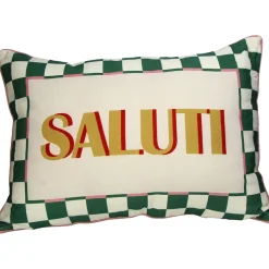 Coussin "Saluti" en coton écru, vert et ocre 40x60cm