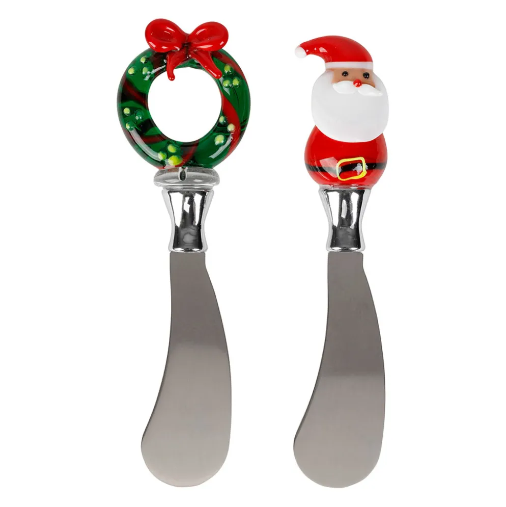 Couteaux à beurre noël (x2) en verre et inox rouge et vert