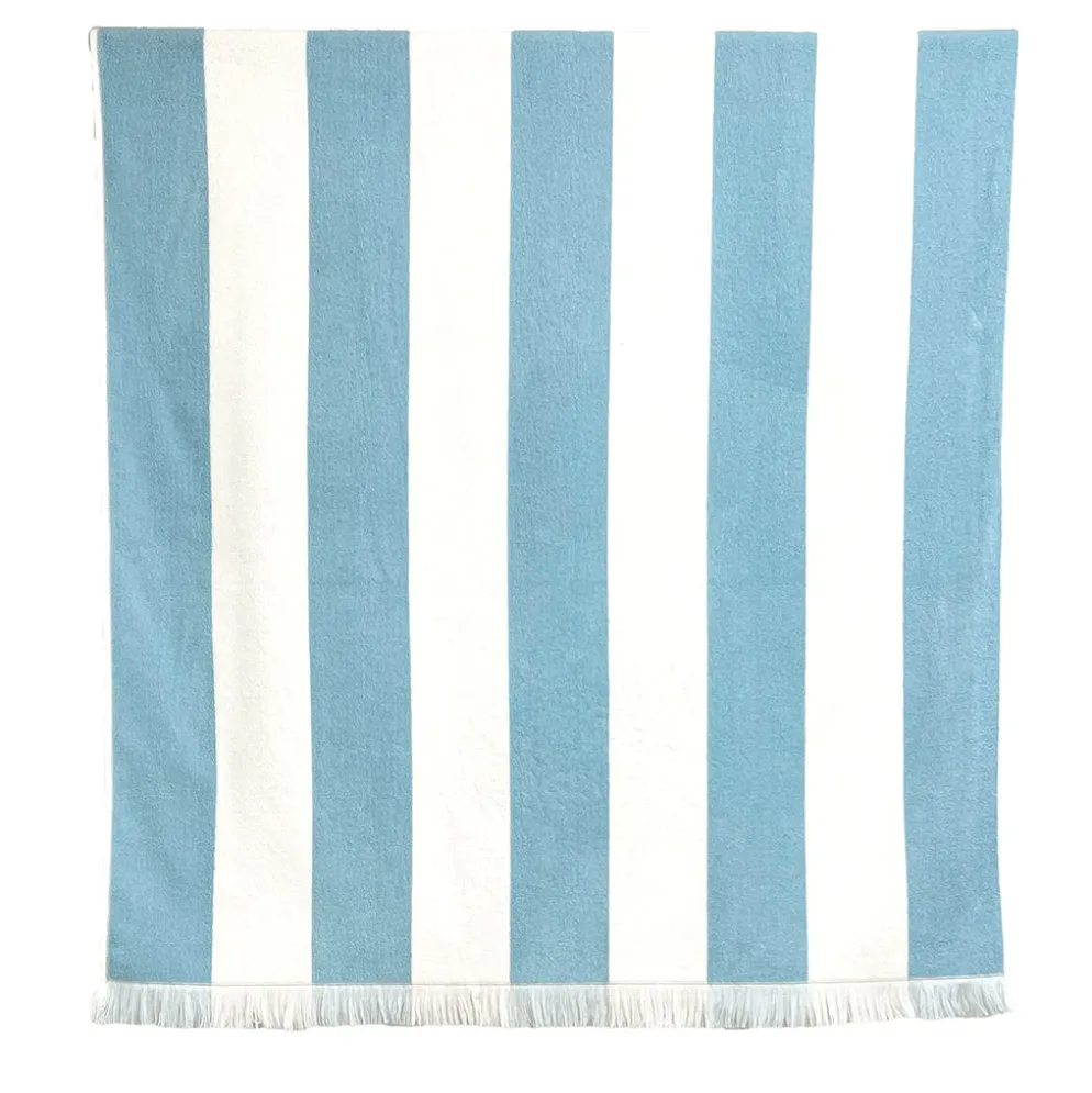 Drap de plage en coton rayé bleu ciel et blanc 90x170cm - Porto