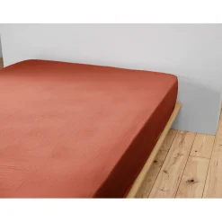 Drap housse en gaze de coton unie terracotta 160x200cm - Gaia