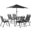 Ensemble table de jardin, 6 chaises et parasol central noir en acier 140x80cm - Braga