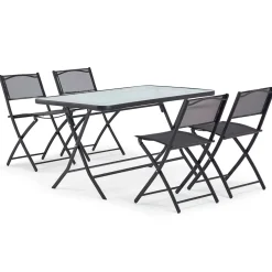 Ensemble table de jardin et 4 chaises pliantes en acier noir et verre trempé 130x80cm - Bravi
