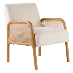 Fauteuil blanc cassé en bois d'hévéa et rotin - Firmin