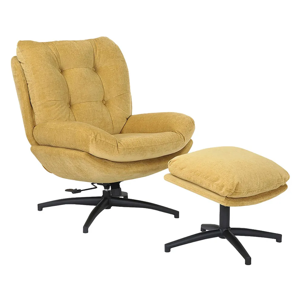 Fauteuil pivotant avec repose pieds en tissu moutarde - Carles