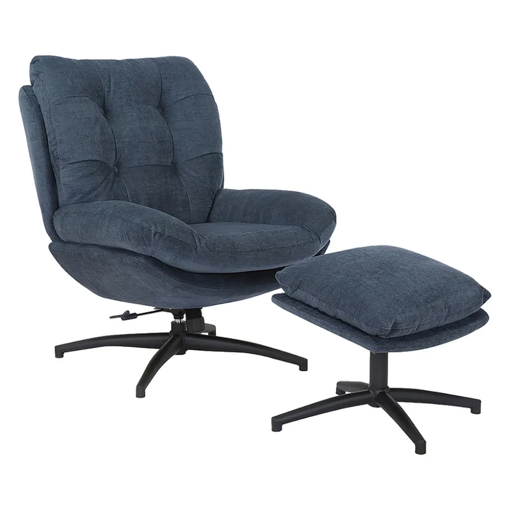 Fauteuil pivotant avec repose pieds en tissu bleu pétrole - Carles