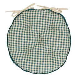 Galette de chaise ronde à carreaux en coton bleu antique d40cm