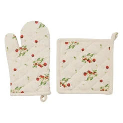 Gant et manique cerise en coton écru - Jardin gourmand