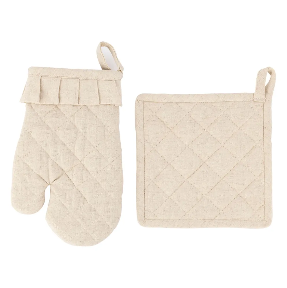 Gant et manique naturel en coton et lin - chambray