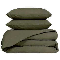 Housse de couette 260x240cm et 2 taies d'oreiller 63x63cm en percale de coton kaki - Venezia