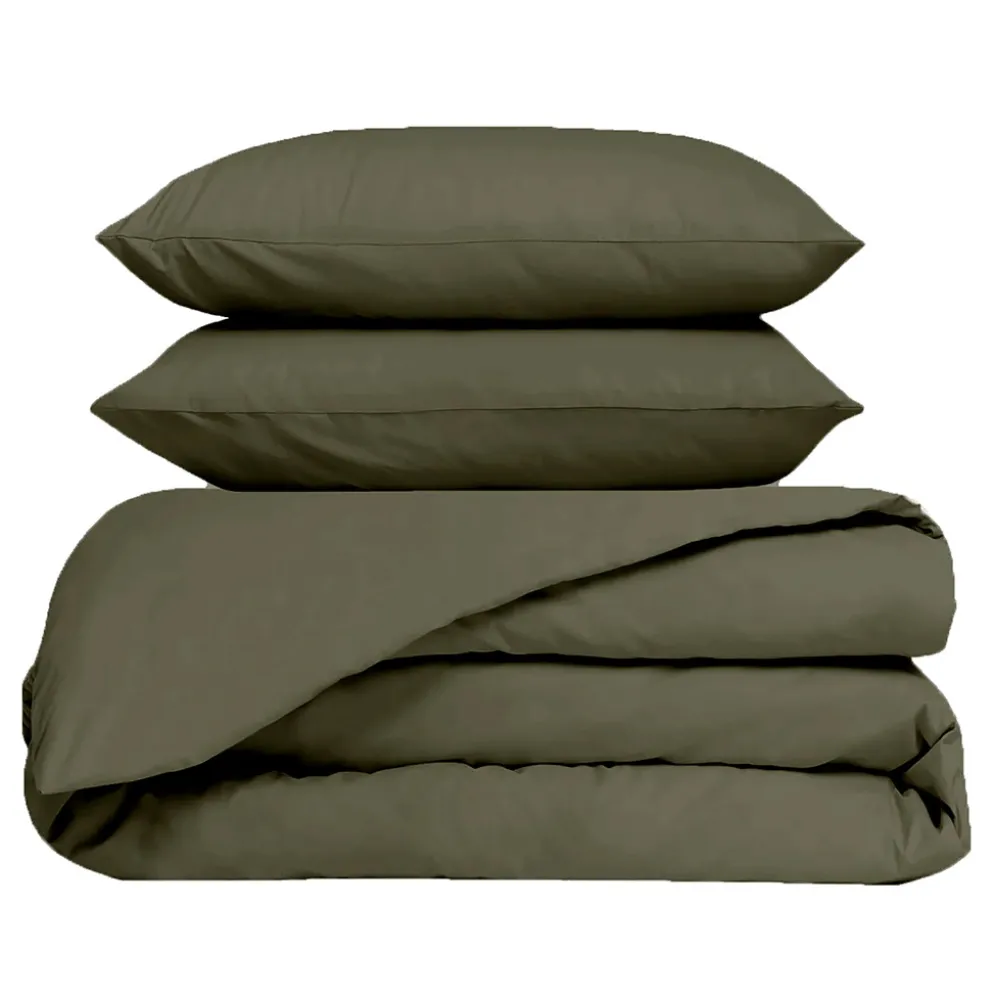 Housse de couette 260x240cm et 2 taies d'oreiller 63x63cm en percale de coton kaki - Venezia