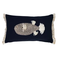 Housse de coussin baleine en coton bleu marine et beige 50x30cm - Amarres