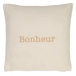 Housse de coussin bonheur en gaze de coton écru 45x45cm