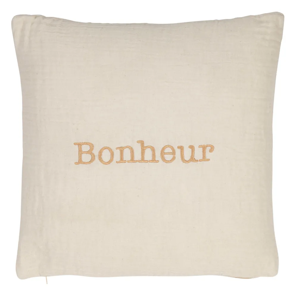 Housse de coussin bonheur en gaze de coton écru 45x45cm