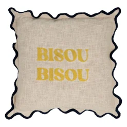 Housse de coussin brodée bisou en coton jaune et bleu 45x45cm - Lumi