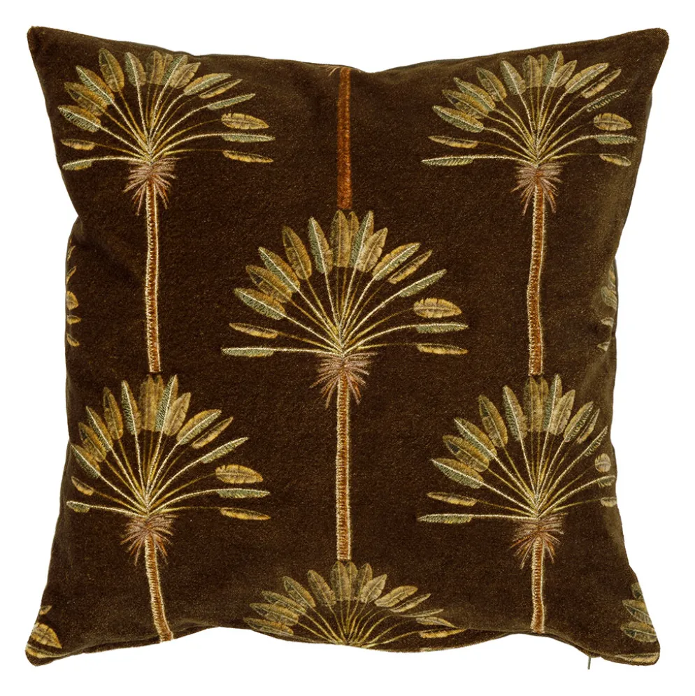 Housse de coussin palmier en coton velours brun et vert 45x45cm - Avelou