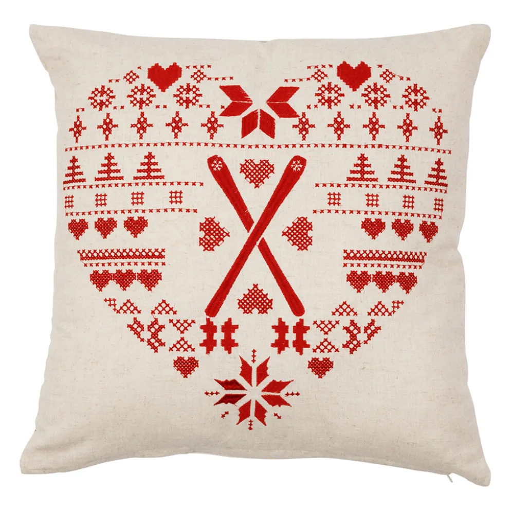 Housse de coussin ski en coton beige et rouge 45x45cm - Chalet