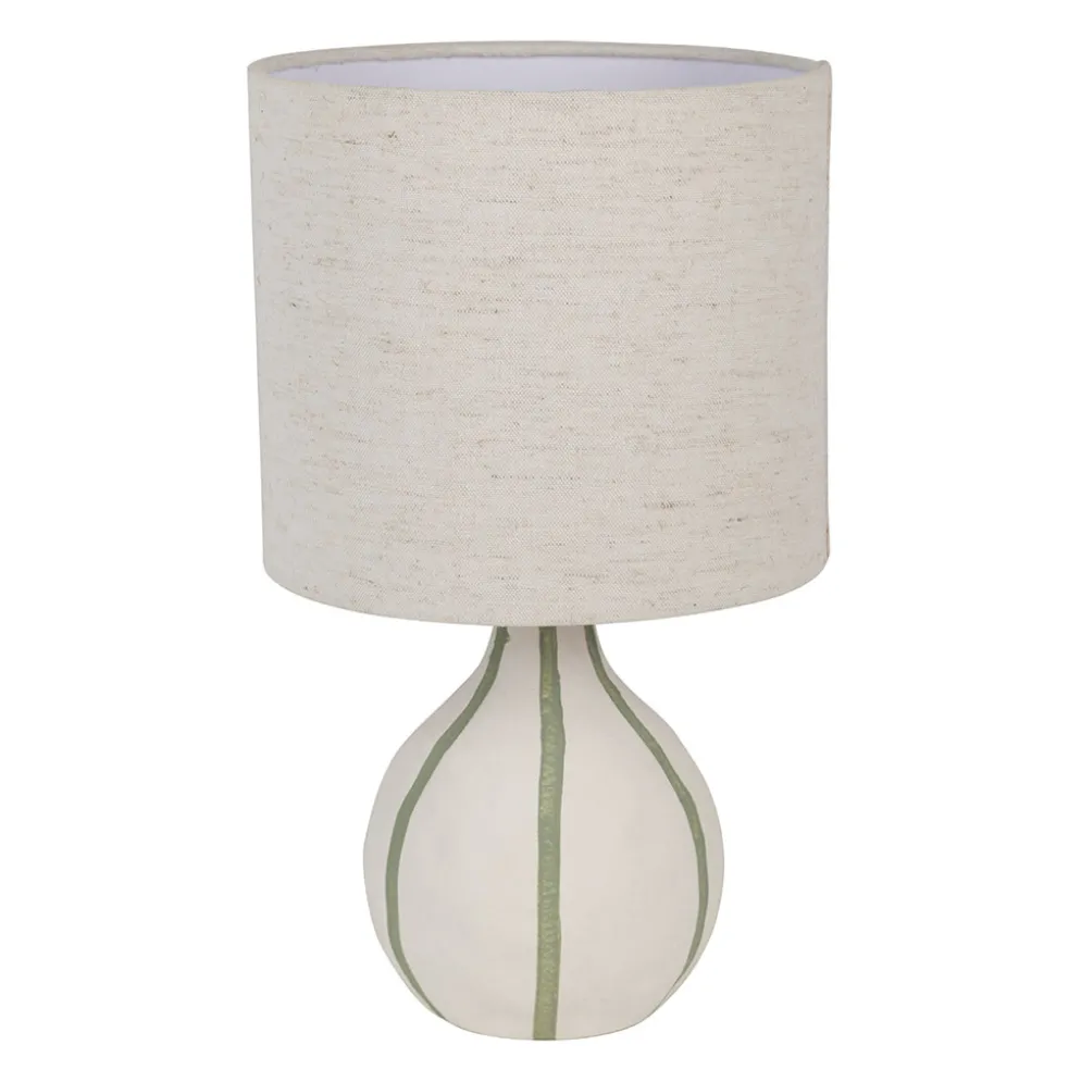 Lampe en lin et céramique rayée écru et sauge h32cm E14 - Paese