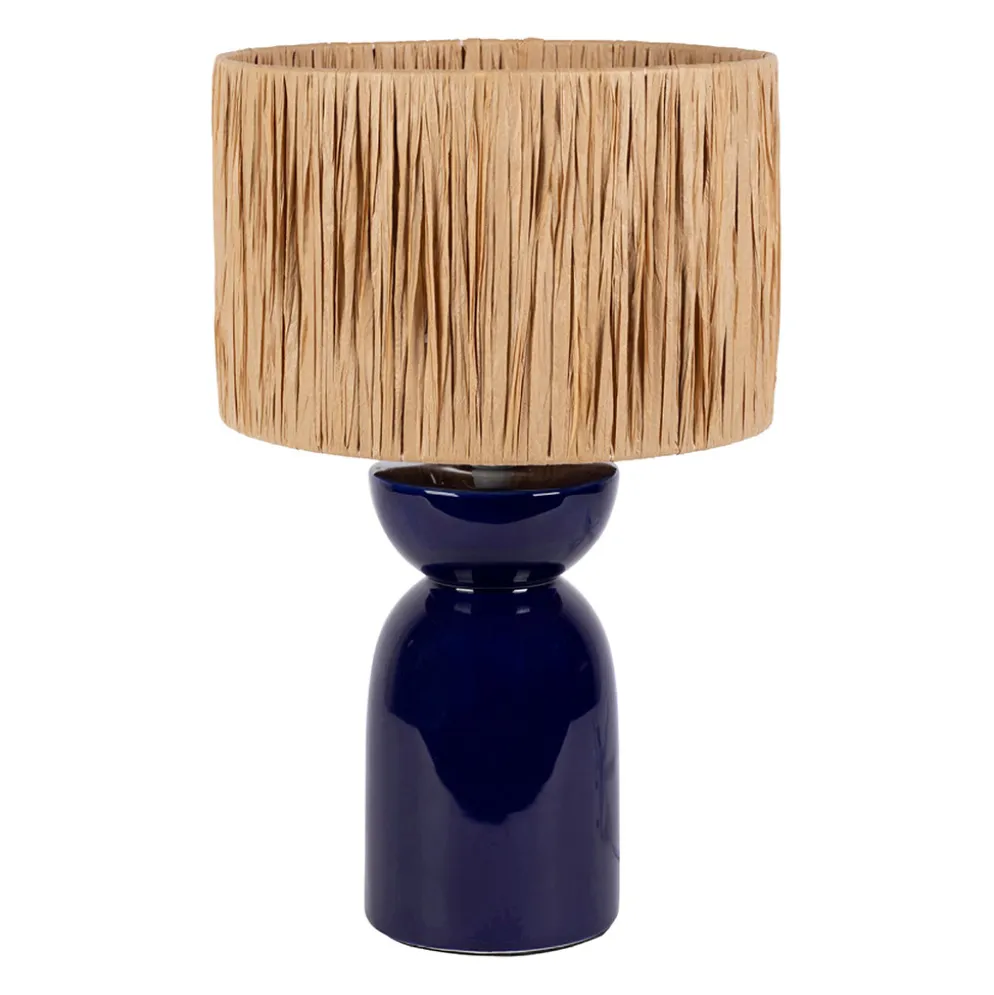 Lampe en raphia et céramique indigo h38cm E14 - Palma