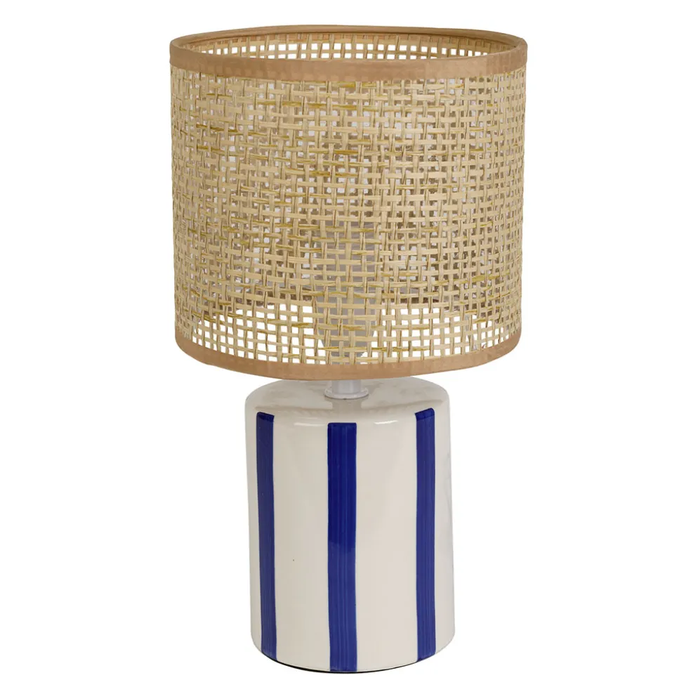 Lampe en rotin et céramique rayée indigo et blanc h27cm E14 - Medi