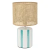 Lampe en rotin et céramique rayée turquoise et blanc h27cm E14 - Medi