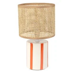 Lampe en rotin et céramique rayée corail et blanc h27cm E14 - Medi