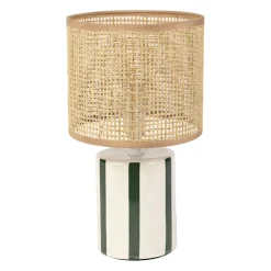 Lampe en rotin et céramique rayée émeraude et blanc h27cm E14 - Medi