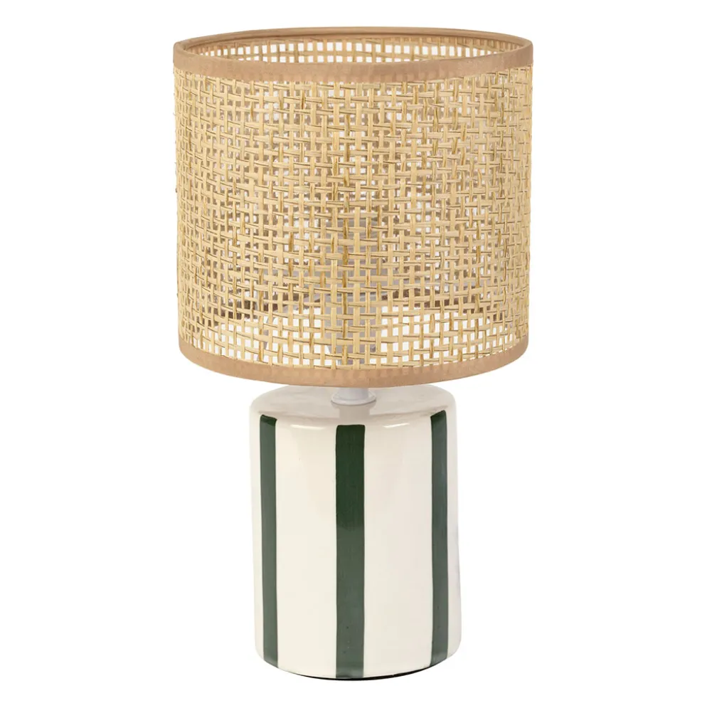 Lampe en rotin et céramique rayée émeraude et blanc h27cm E14 - Medi