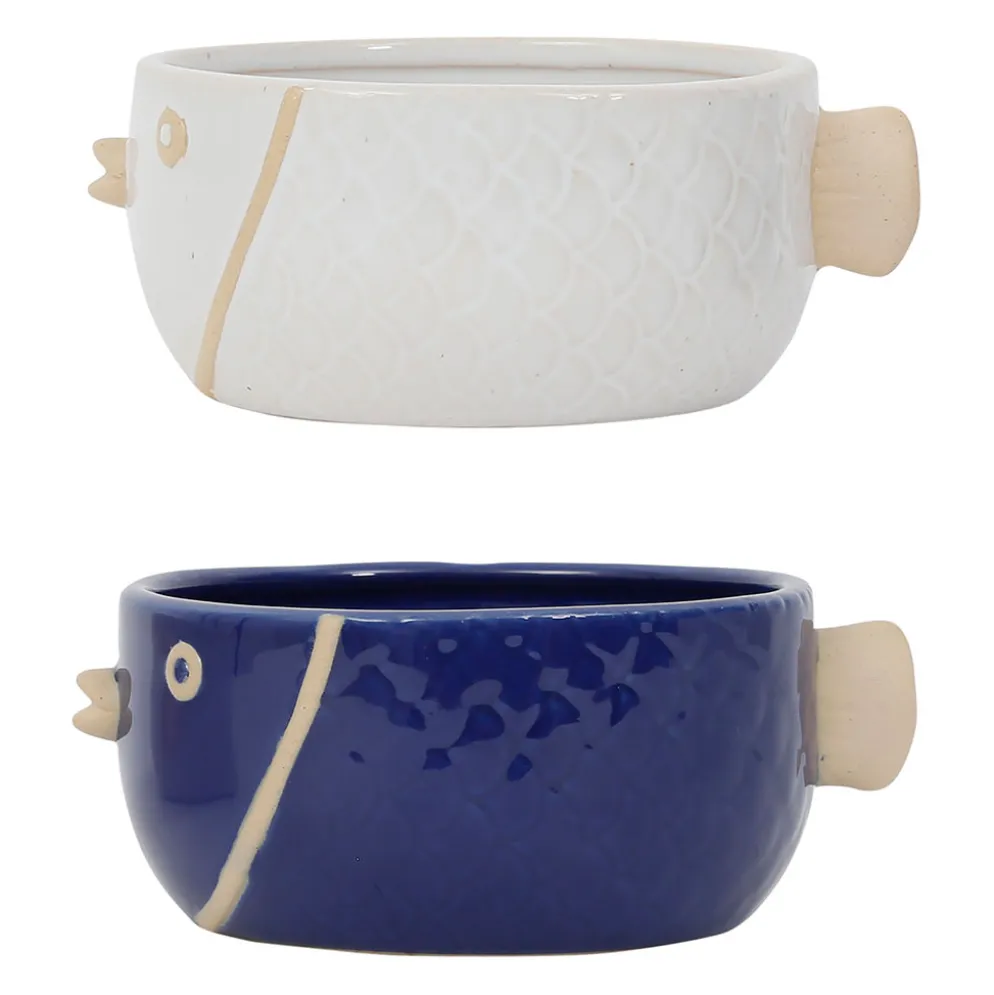 Lot de 2 coupelles gros poisson en grès blanc et bleu 14x12cm - Océan