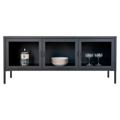 Meuble tv 3 portes en verre et acier noir L130cm - Brendan