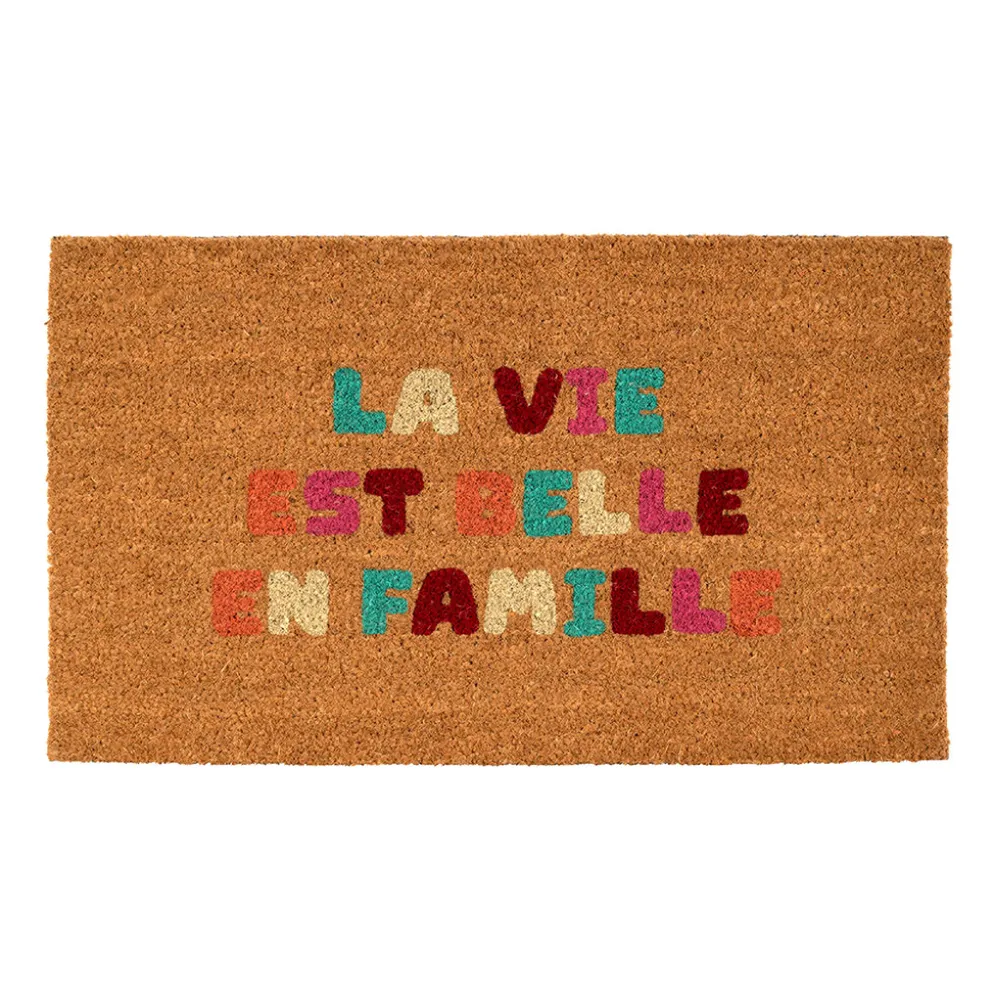 Paillasson "la vie est belle" en coco multicolore 73x43cm - Famille